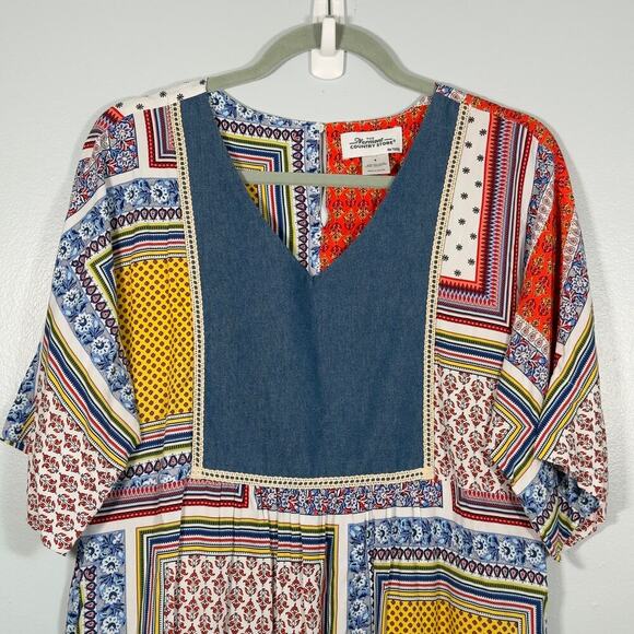 Vermont Country Store Scarf Print Patchwork Denim Dress Womens S - Picture 2 of 7